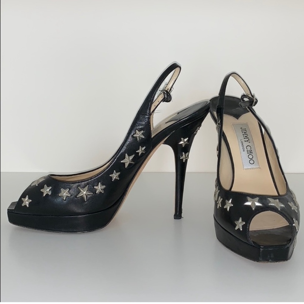 Jimmy Choo Black Star-Stud Slingback Peep-Toe Heels